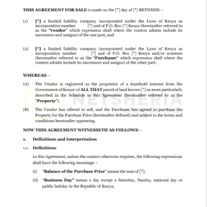 Agreement for Sale of leasehold Land companies Pro-Purchaser | Netsheria International legal documents in Kenya