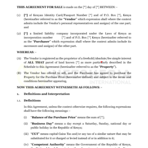 Agreement for Sale of freehold Land Individual as the seller to a company Pro-Purchaser | Netsheria International legal documents in Kenya