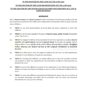 Affidavit for Lost Certificate of Incorporation of a Trust | Netsheria Legal Documents