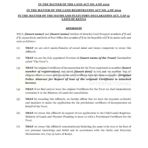 Affidavit for Lost Deed Plan Sworn by a person who holds a Power of Attorney | Netsheria Legal Documents