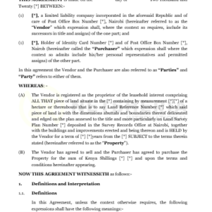 Agreement for Sale of Property developed between an individual and a company company as seller | Netsheria International legal documents in Kenya