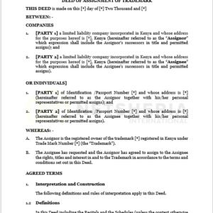 Deed of Assignment of Trademark (Absolute-pro-assignee) | Netsheria Intellectual property Legal documents online in Kenya