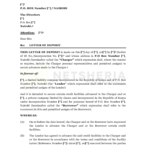 Letter of Deposit for a Third Party and Guarantor | Netsheria International legal documents in Kenya